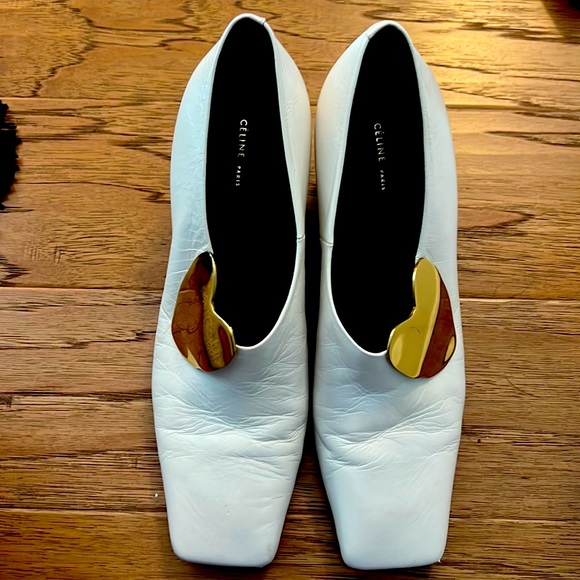 Celine Shoes - Celine white leather gold heart trim heels size 39.5